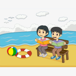 手绘正在读书的小孩子海边读书的男孩高清图片