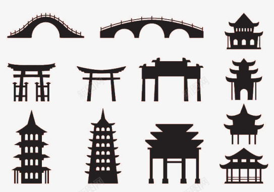 扁平中国结古建筑剪影图标图标