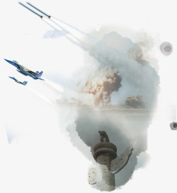 水墨青铜杯战机英雄杯背景蘑菇云水墨背景高清图片