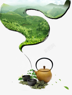 茶叶黄色茶壶茶田装饰高清图片