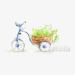 蓝色自行车小清新载绿草的蓝色游园自行车高清图片
