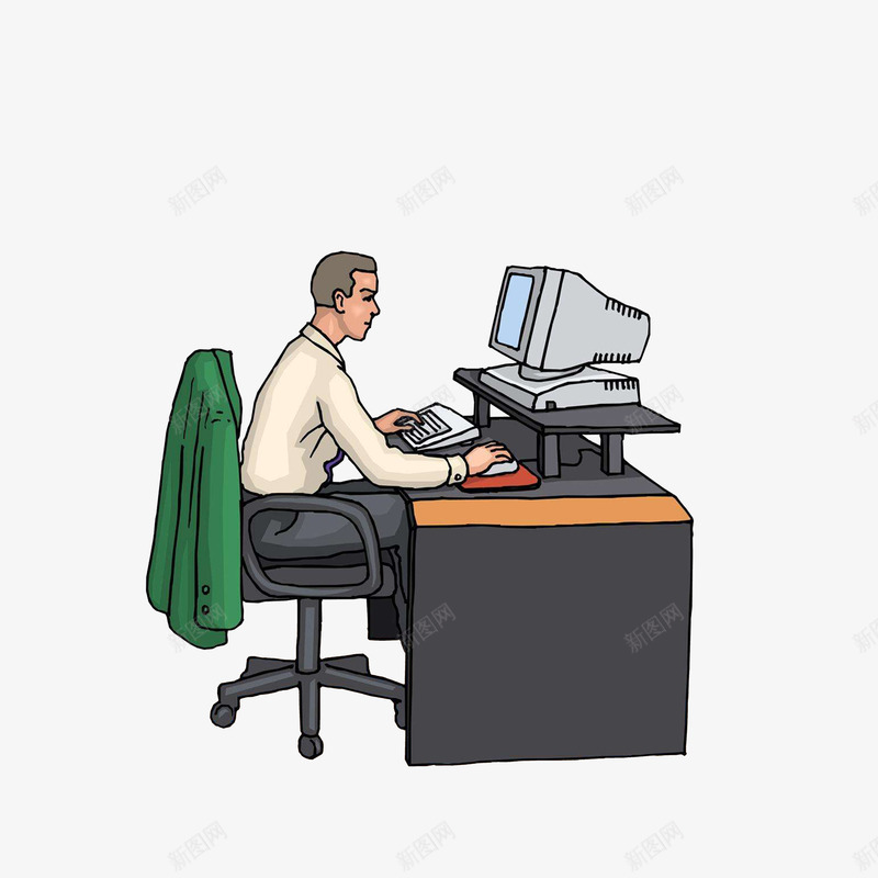 卡通电脑前认真工作的男子png免抠素材_88icon https://88icon.com 上班男子 电脑前的人 绿色外套 老式电脑 认真工作