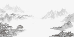 中国风古建筑水墨山水间的小屋高清图片