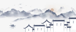 酒店建筑风中国风手绘水墨风景山水高清图片