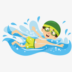 绿色水中游泳的卡通男孩矢量图素材