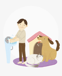 宠物房子手绘男孩和宠物小狗高清图片
