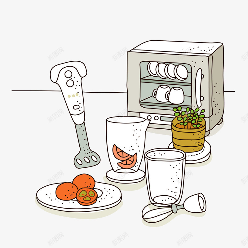 卡通手绘家用电器png免抠素材_88icon https://88icon.com 卡通平面 手绘餐具 打蛋器 消毒柜 玻璃杯 美味早餐 美好生活