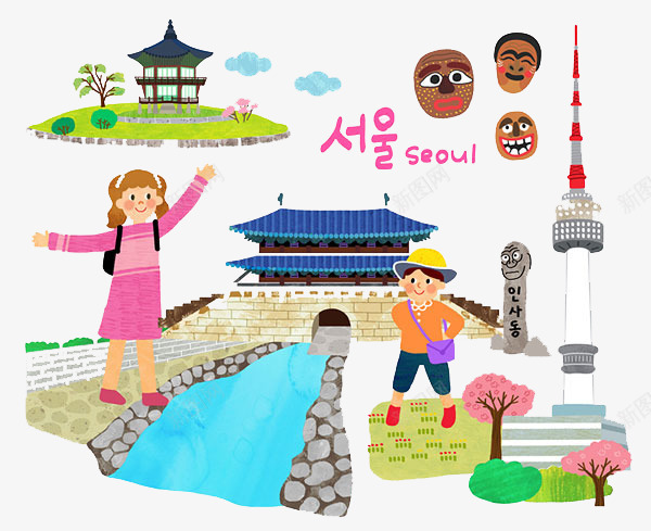 韩国建筑png免抠素材_88icon https://88icon.com 云朵 亭子 手绘 树木 河流 灯塔 石子路 韩式建筑