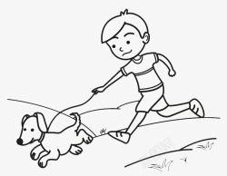 黑白插图牵着狗跑的可爱男孩素材