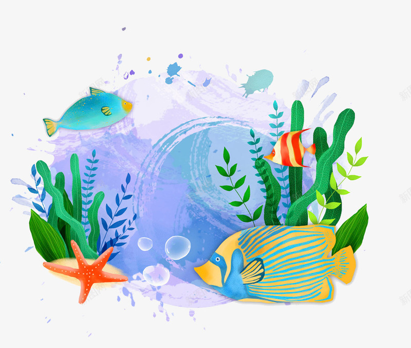 彩色创意海底生物元素png免抠素材_88icon https://88icon.com 创意 卡通插画 小鱼 彩色 植物 海底 海星 自然