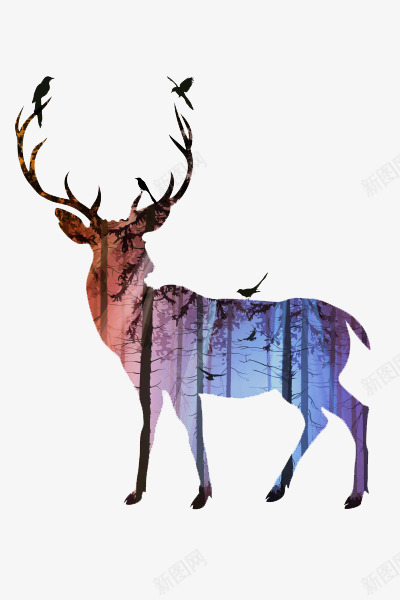 紫色渐变麋鹿插画png免抠素材_88icon https://88icon.com 墙壁画 小鸟 阳光 森林 紫色 渐变 麋鹿
