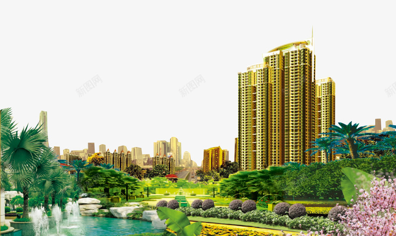 地产海报元素湖景房png免抠素材_88icon https://88icon.com 喷泉 地产海报元素湖景房 房子 桃花 椰子树 楼房 湖水