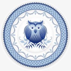 蓝色可爱小鸟花纹青花瓷盘子矢量图素材