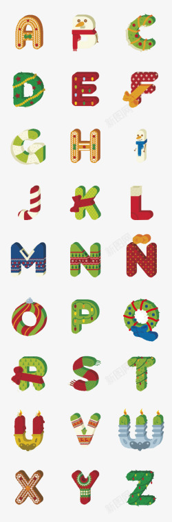 圣诞节英文字母卡通26个英文字母圣诞字体高清图片