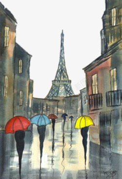 埃菲尔铁塔与街道上打伞的行人素材