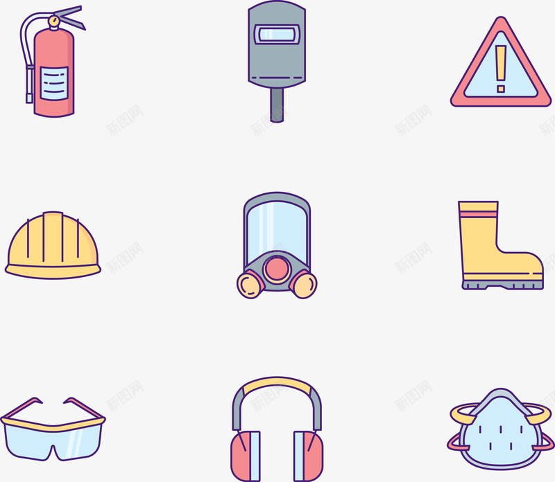 灭火防护工具png免抠素材_88icon https://88icon.com 卡通口罩用品 墨镜 安全帽 救火工具 灭火器 面具 鞋子