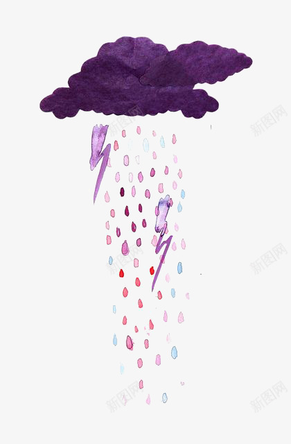 紫色乌云png免抠素材_88icon https://88icon.com 创意乌云 彩色雨滴 水彩乌云 紫色闪电 闪电