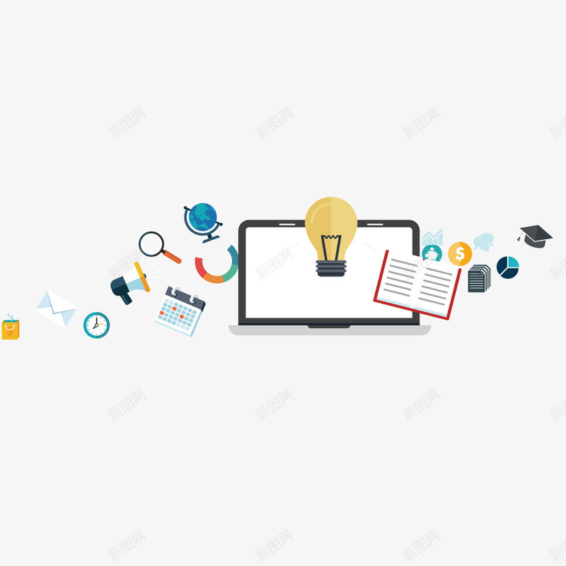 互联网元素矢量图ai免抠素材_88icon https://88icon.com 书本 互联网 放大镜 灯泡 电脑 矢量图
