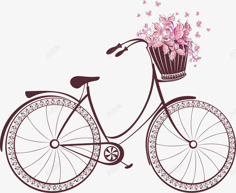 文艺风棕色自行车png免抠素材_88icon https://88icon.com 古典自行车 文艺风自行车 棕色自行车 温馨 粉色花瓣 粉色蝴蝶