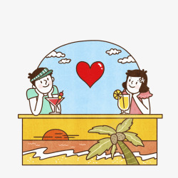 手绘海滩情侣漫画素材