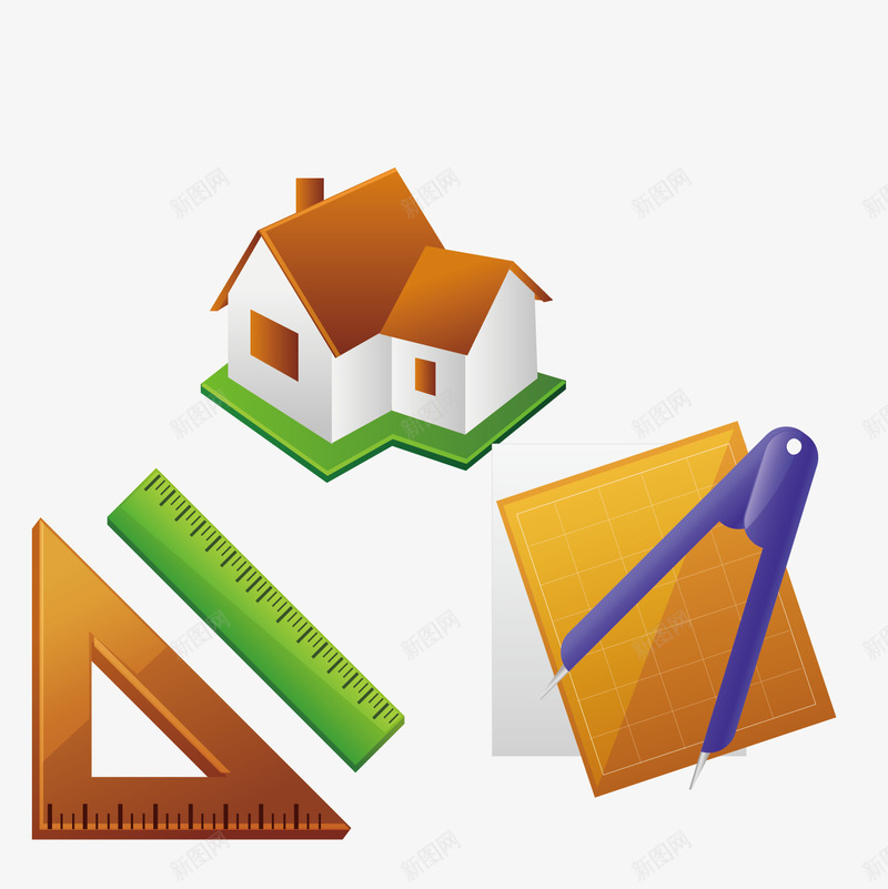 绘制建造房子的图纸png免抠素材_88icon https://88icon.com 三角板 图纸 圆规 尺子 绘图
