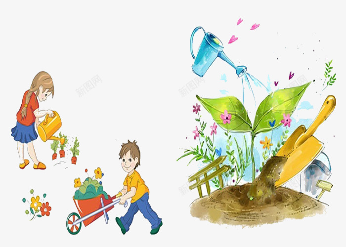 小小农民png免抠素材_88icon https://88icon.com 农耕图 卡通 女孩 小推车 手绘 浇水 浇花 男孩 耕种 耕种画 花朵