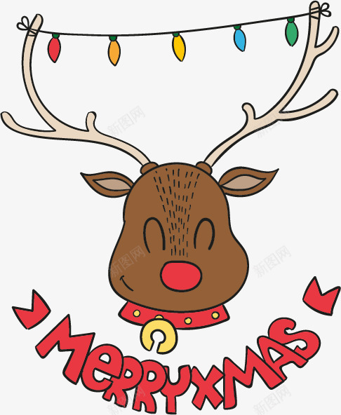 可爱的驯鹿矢量图ai免抠素材_88icon https://88icon.com 圣诞驯鹿 微笑的驯鹿 驯鹿角挂彩灯 矢量图