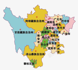 彩色四川地图和行政区域划分素材