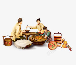 中秋节在做月饼的一家人素材