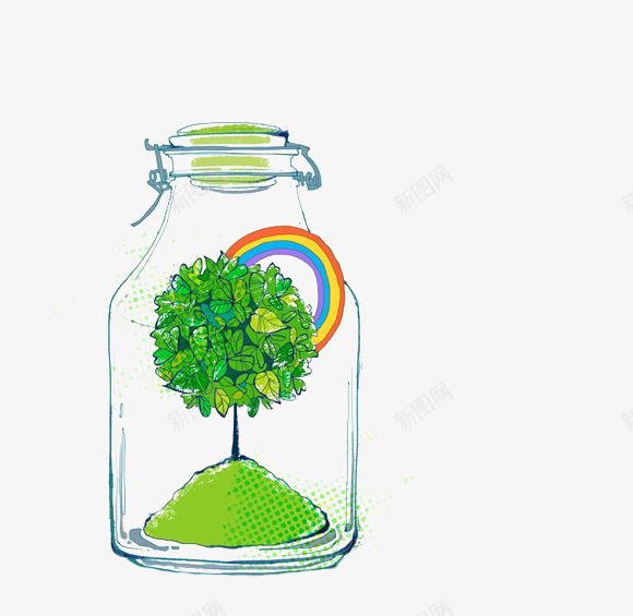 瓶子里的树png免抠素材_88icon https://88icon.com 卡通 卡通许愿瓶 彩虹 彩虹桥 手绘 树木 玻璃瓶 绿植 许愿瓶