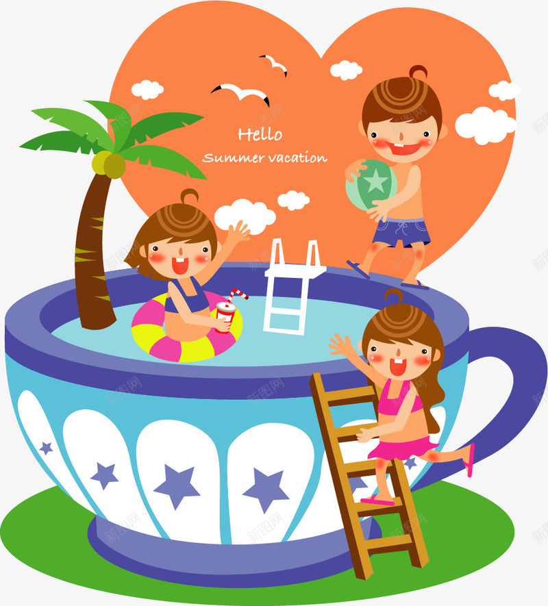 儿童暑假png免抠素材_88icon https://88icon.com 儿童 卡通 女孩 暑假 梯子 玩耍 男孩 茶杯