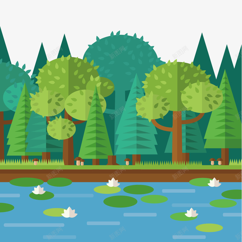 扁平化荷花池风景png免抠素材_88icon https://88icon.com Q版场景 树木 植物 绿色 荷花