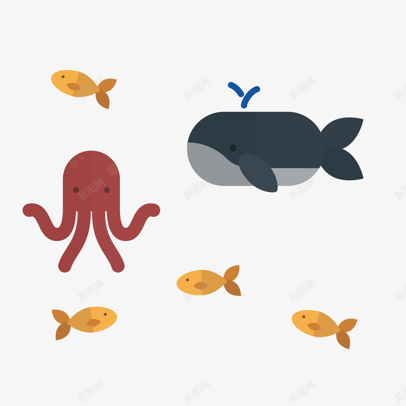 手绘海底动物png免抠素材_88icon https://88icon.com 卡通动物 小鱼 手绘 海底动物 章鱼 鲸鱼