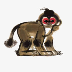 中国风水墨棕色可爱猴子插画素材