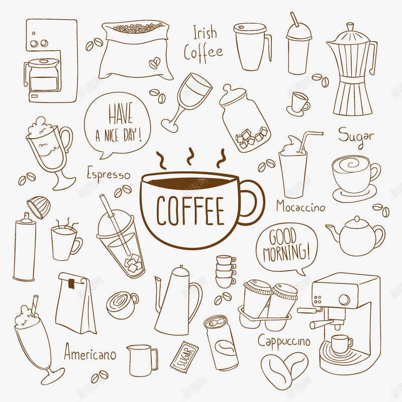 手绘咖啡元素片下矢量图ai免抠素材_88icon https://88icon.com 冰淇淋 咖啡 咖啡壶 咖啡机 咖啡杯 咖啡豆 手冲壶 手绘 果汁 矢量图 酒杯 饮品 饮料 高脚杯