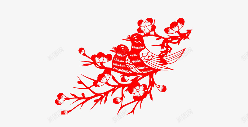 红色剪纸png免抠素材_88icon https://88icon.com 中国风 中国风符号 剪纸 树枝 红色 纹样 花卉 鸟