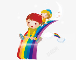 彩虹卡通人物毛笔坐着彩虹伞的小孩高清图片