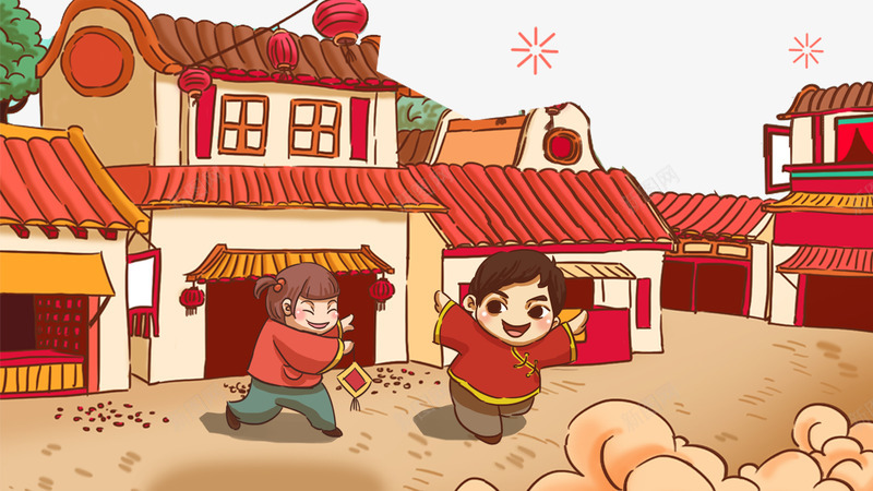 过年场景插画图png免抠素材_88icon https://88icon.com 人物插画 小孩 新年 春节 灯笼 玩闹的小孩 街市插画