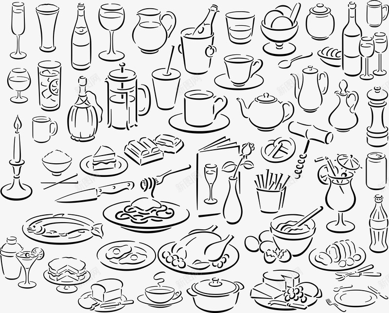 简约白描餐具矢量图eps免抠素材_88icon https://88icon.com 三明治 冰淇淋 咖啡 土司 料理 汽水 火鸡 烹饪 牛排 玫瑰花 白描 矢量图 简约 米饭 美食 美食制作过程 花瓶 茶 茶壶 葡萄酒 薯条 蛋糕 调料瓶 酒 面包 食物 餐具 餐厅素材 饮料 鱼 黑描