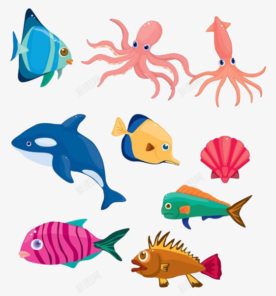 卡通海底生物png免抠素材_88icon https://88icon.com 卡通 海底生物素材 海豚 章鱼 鲨鱼