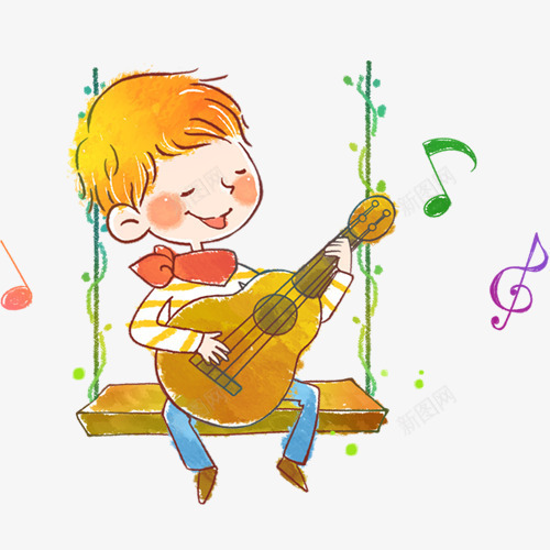 弹吉他的男孩png免抠素材_88icon https://88icon.com 可爱小孩 吉他 吉他社海报 弹吉他的男孩 彩绘音符 戴蝴蝶结的男孩 摇椅 矢量素材 音乐 音符 黄色头发的男孩 黄蝶