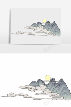 中国画淡彩淡彩中秋云纹山高清图片