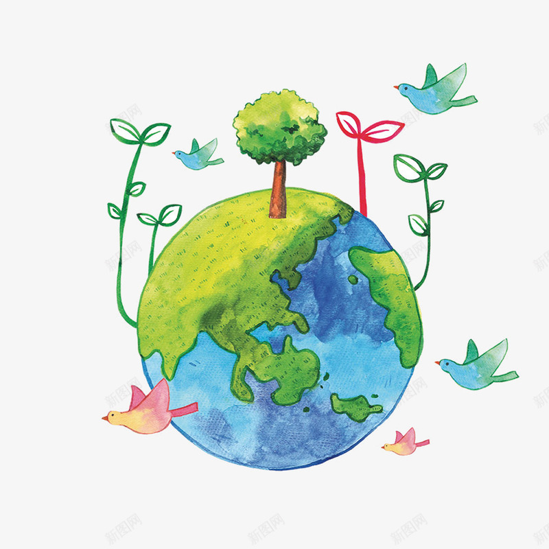 手绘地球元素png免抠素材_88icon https://88icon.com 五彩地球 卡通元素 地球 小鸟 手绘 树木 植物