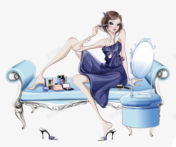 坐在床上的女孩png免抠素材_88icon https://88icon.com 化妆品 坐着的女人 坐着的小朋友 女孩 手绘 蓝色 镜子