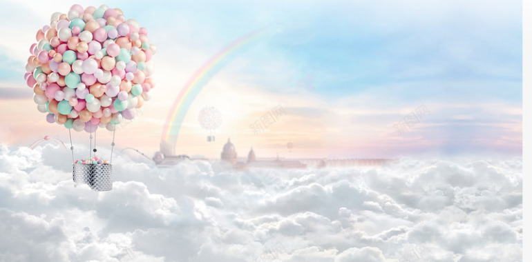 云层上的气球海报背景七夕情人节背景