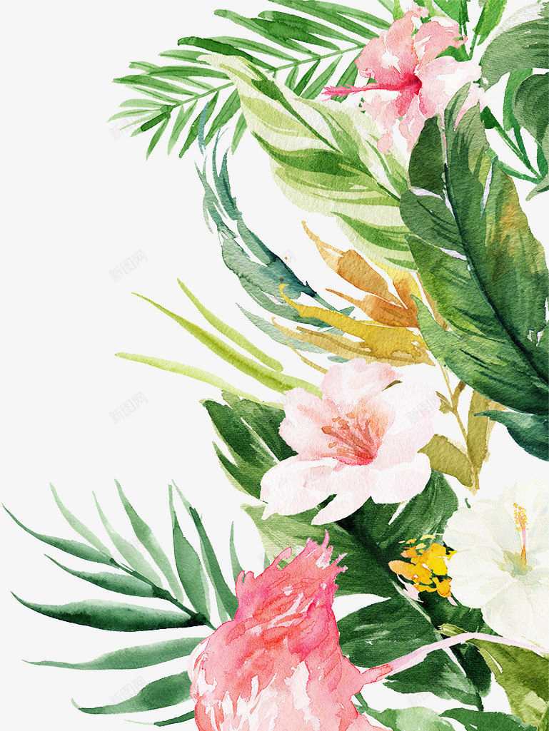 手绘夏日火烈鸟装饰图png免抠素材_88icon https://88icon.com 动物 卡通火烈鸟 叶子 效果图 植物 火烈鸟 火焰鸟 绿叶