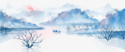 船中国风手绘水墨山水风景高清图片