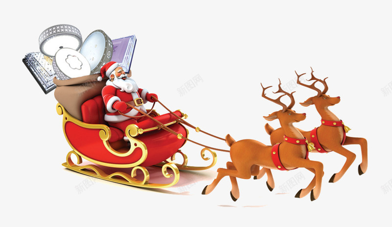 圣诞老人雪橇麋鹿png免抠素材_88icon https://88icon.com 圣诞老人 圣诞节元素 圣诞雪橇 两只 麋鹿 可爱