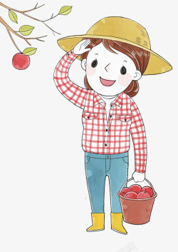 卡通人物插图摘果子的农村女孩素材