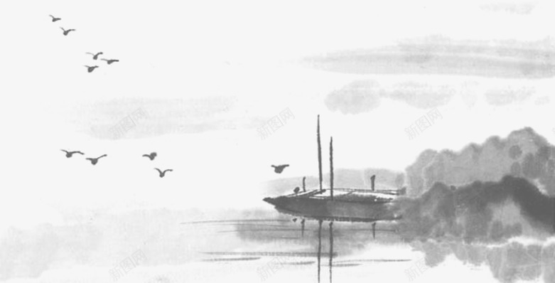 中国风水墨山水画船海鸥png免抠素材_88icon https://88icon.com 中国风 古风船 水墨画 画室宣传单水墨画 风水画